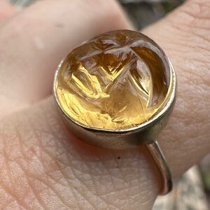 Solid sterling silver genuine citrine moon face ring